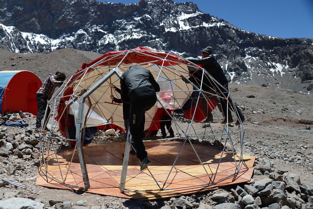 07 Putting The Roof On The New Inka Expediciones Large Tent On a Rest Day At Aconcagua Plaza Argentina Base Camp 4200m
